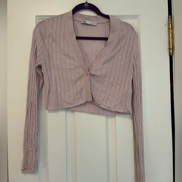 Zara Cropped Knit Lavender Purple Ribbed Cardigan - Picture 2 of 4
